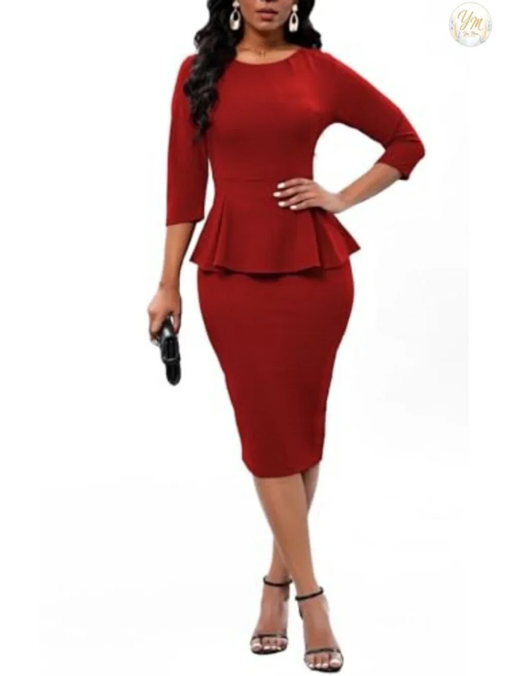 Peplum Bodycon Midi Dress Work Office Business Pencil Dress 3/4 Sleeve